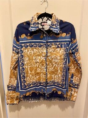Tizzie  Blue and Gold Baroque Print Button-Down Shirt